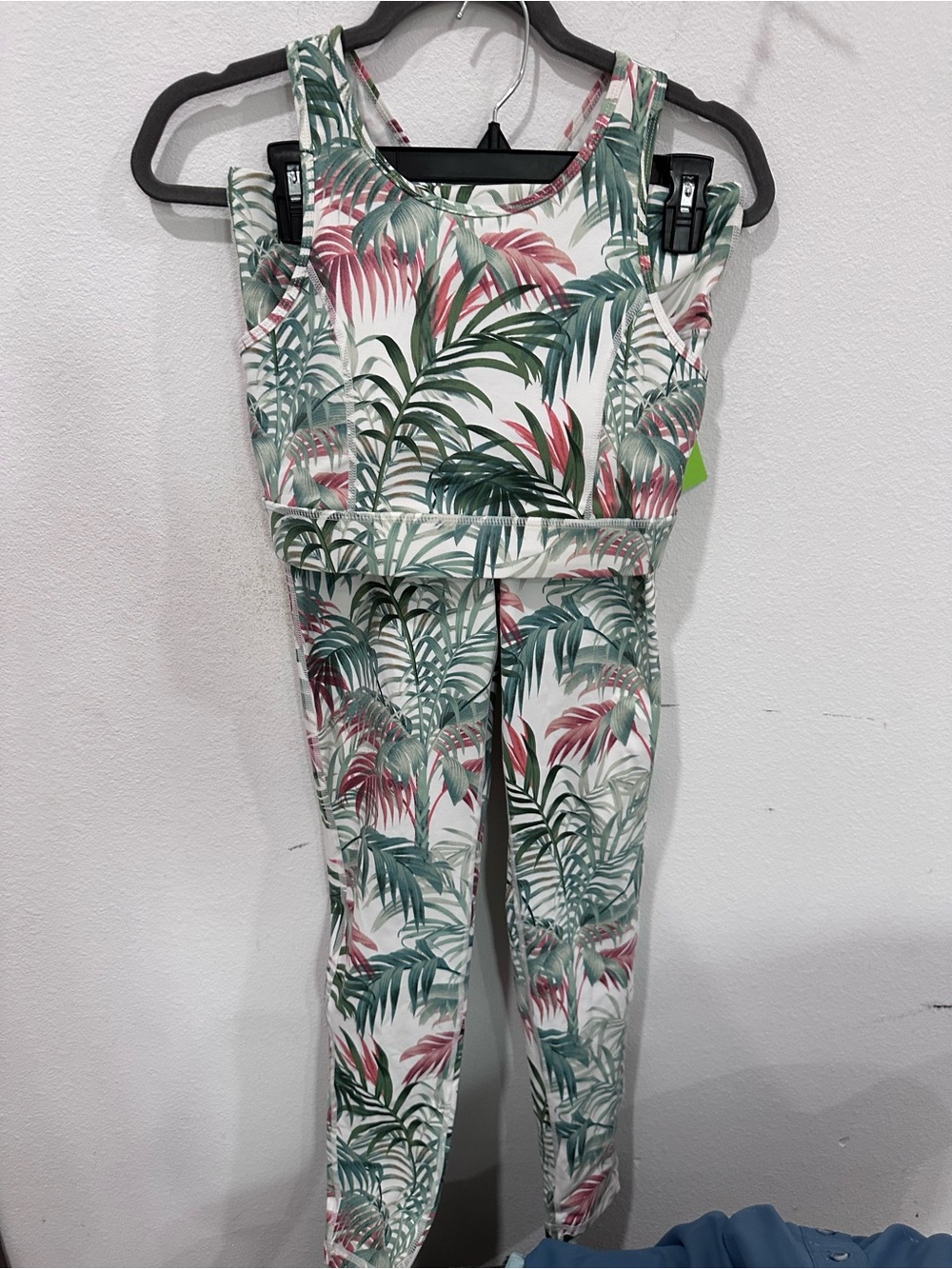 Mono B Tropical Leaf Leggings & Crop Tank Set - White with Green & Pink Print